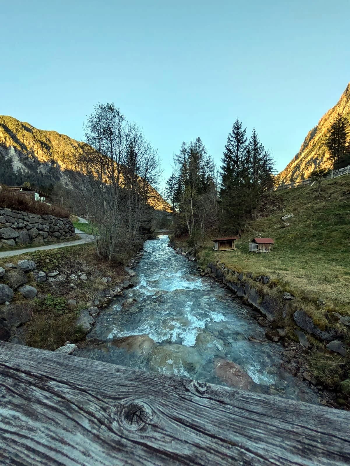 Gebirgsbach zwischen Steinufern und Bäumen